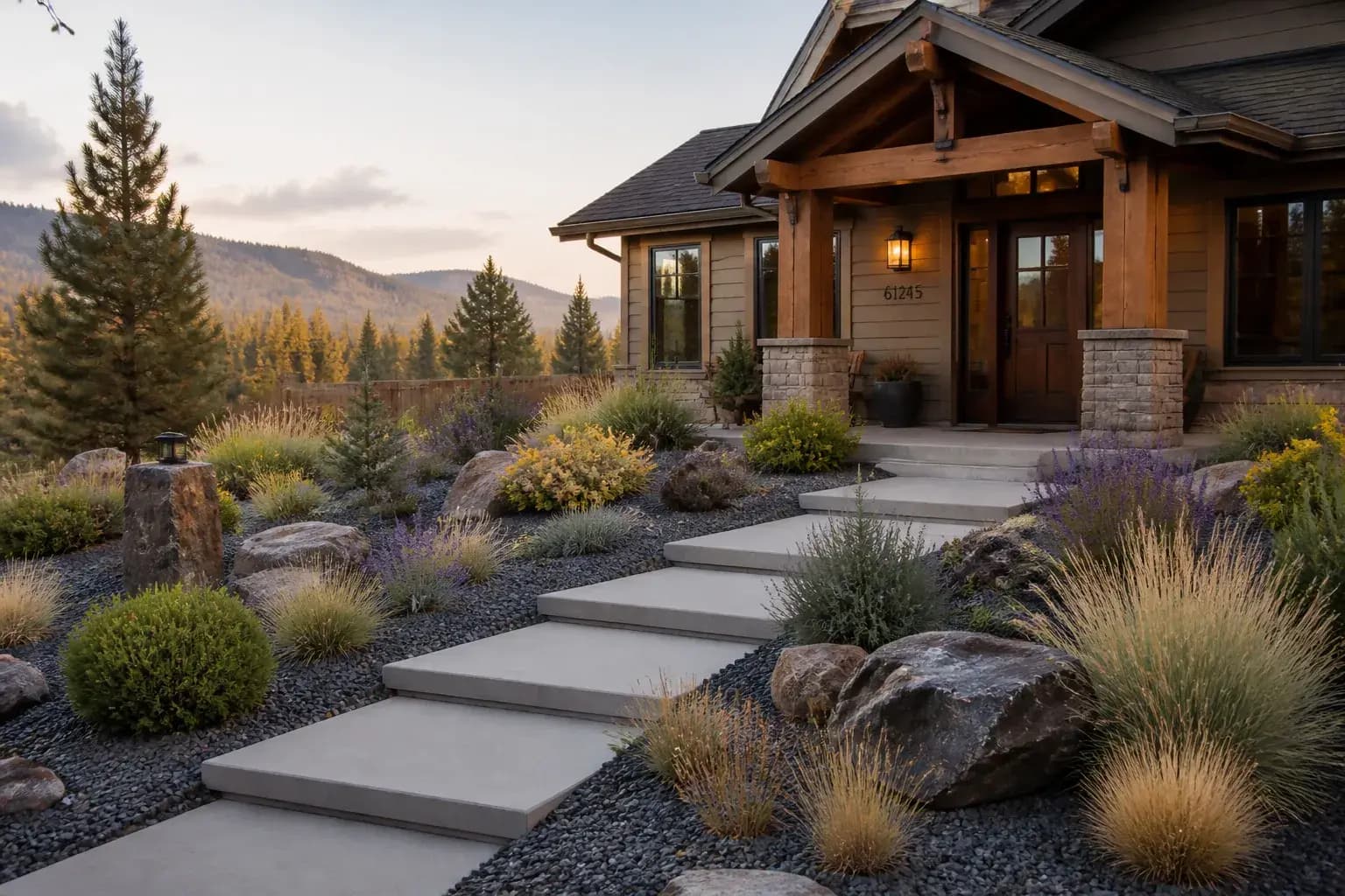 Finished front yard with path and drought-tolerant plantings