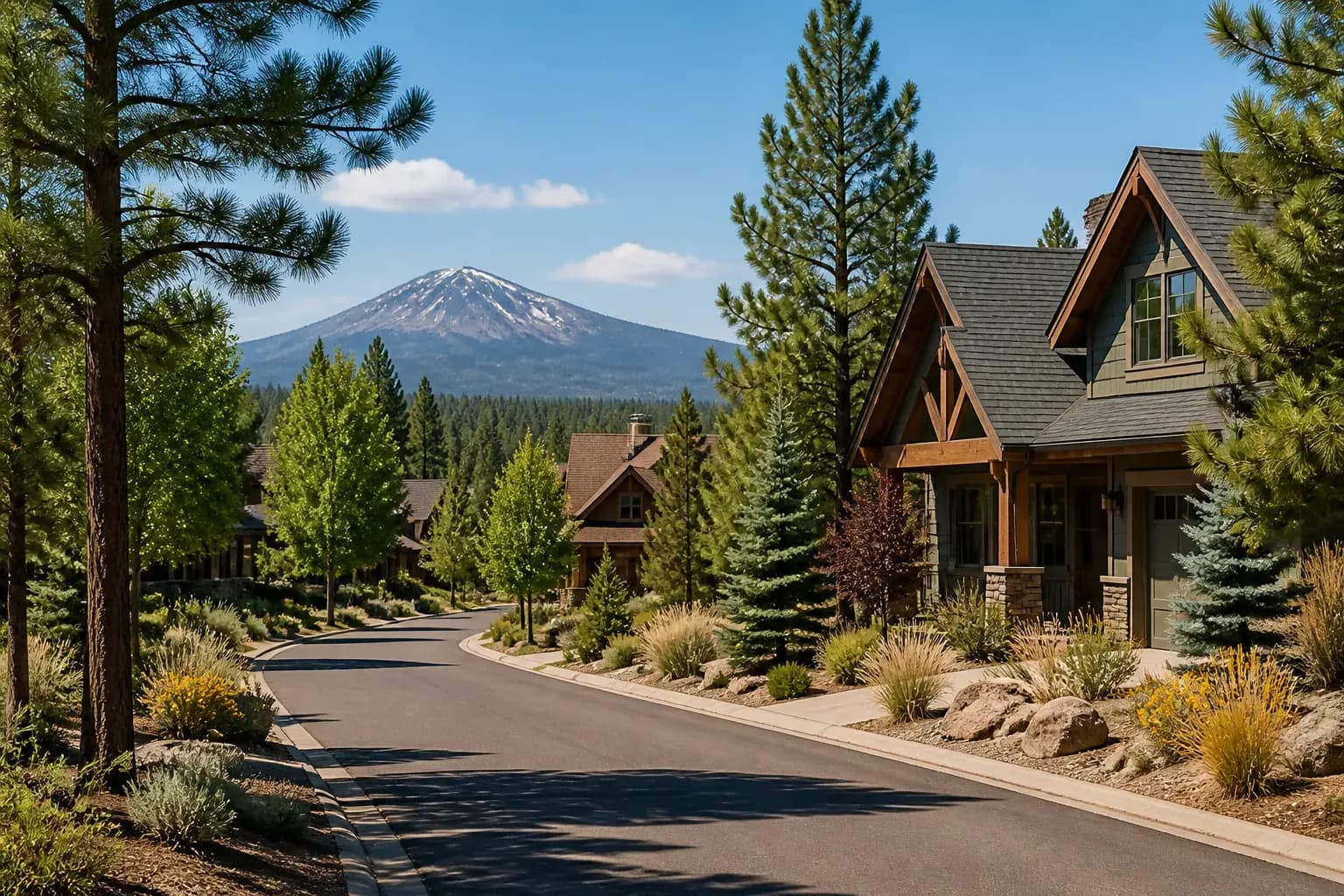 Bend neighborhood street with pine trees and homes