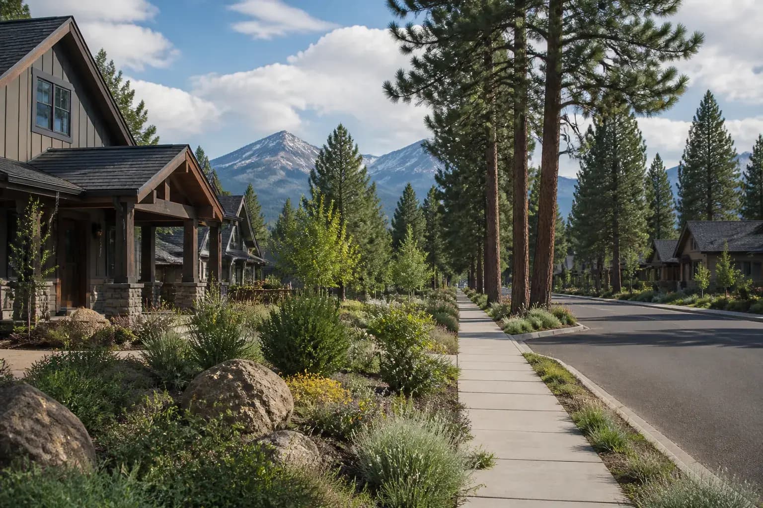 Sisters street with rustic homes and pines