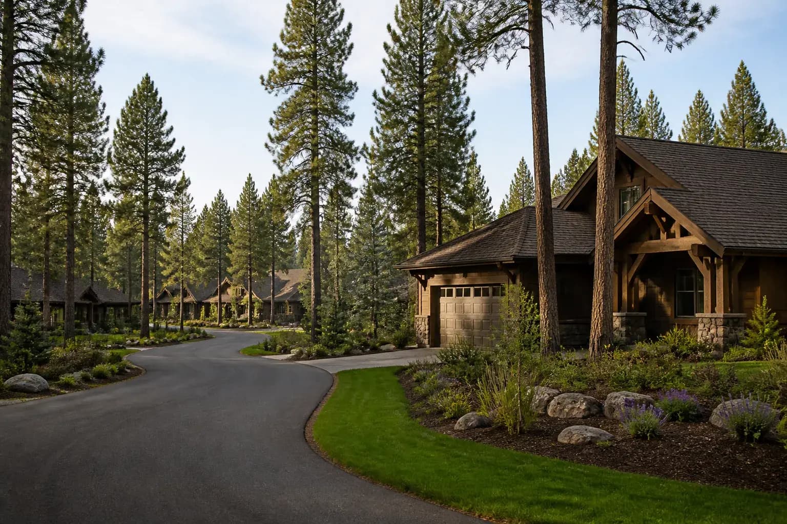 Sunriver neighborhood with lodge-style homes and pines