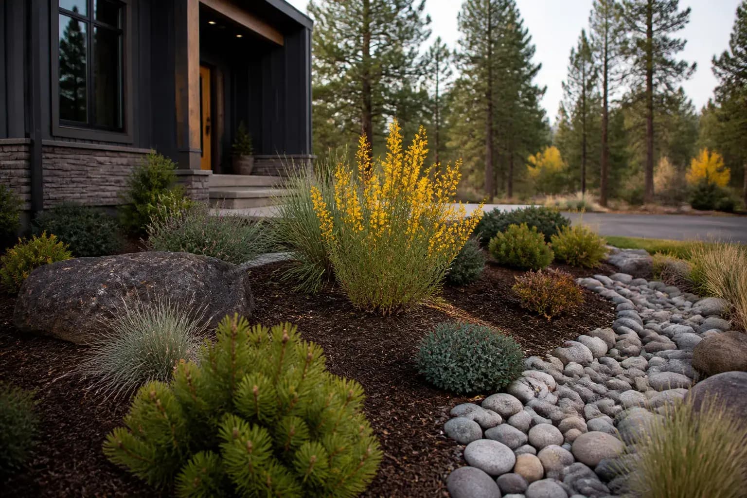 Completed landscape design with native shrubs and rock accents