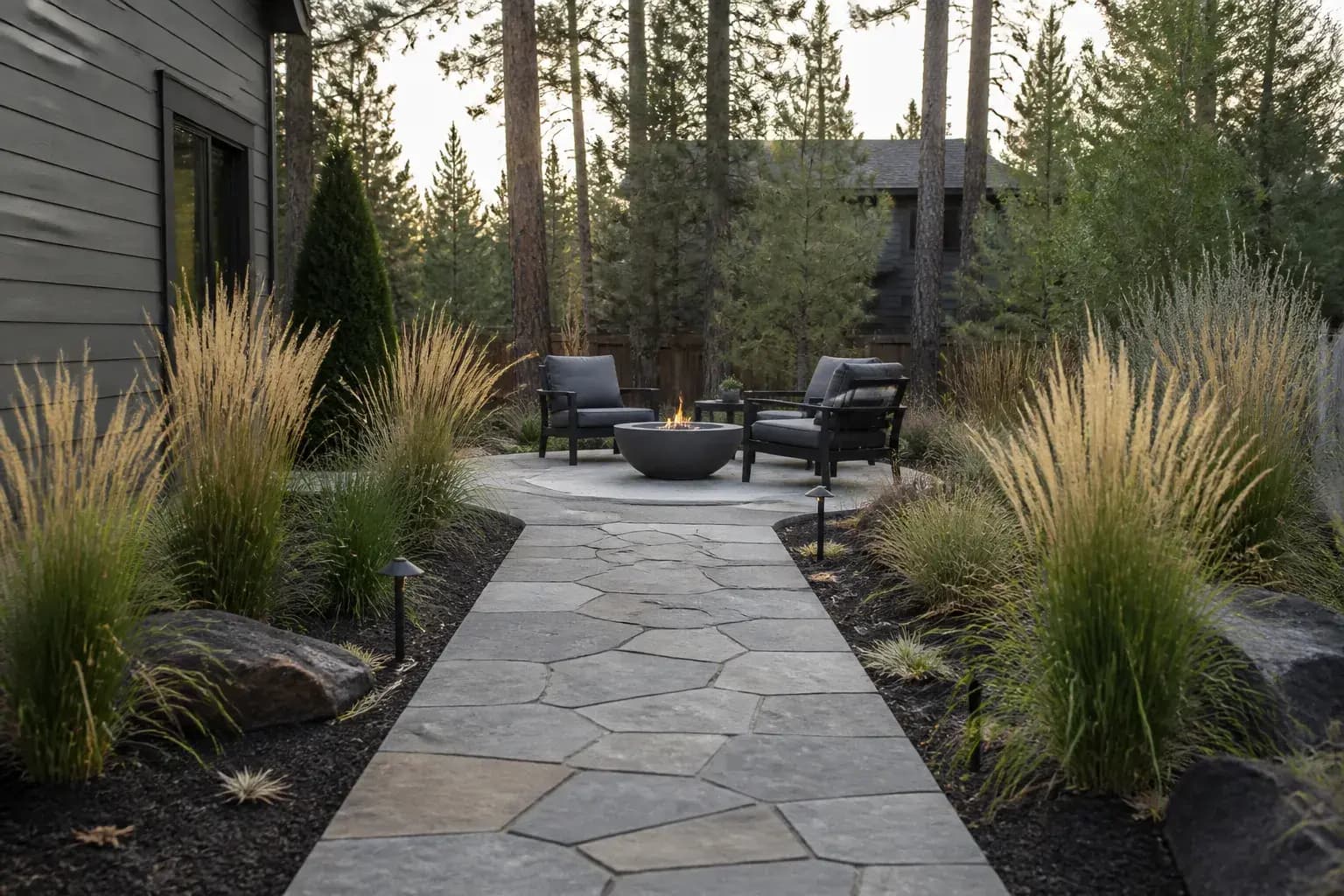 Completed stone path and patio at a home