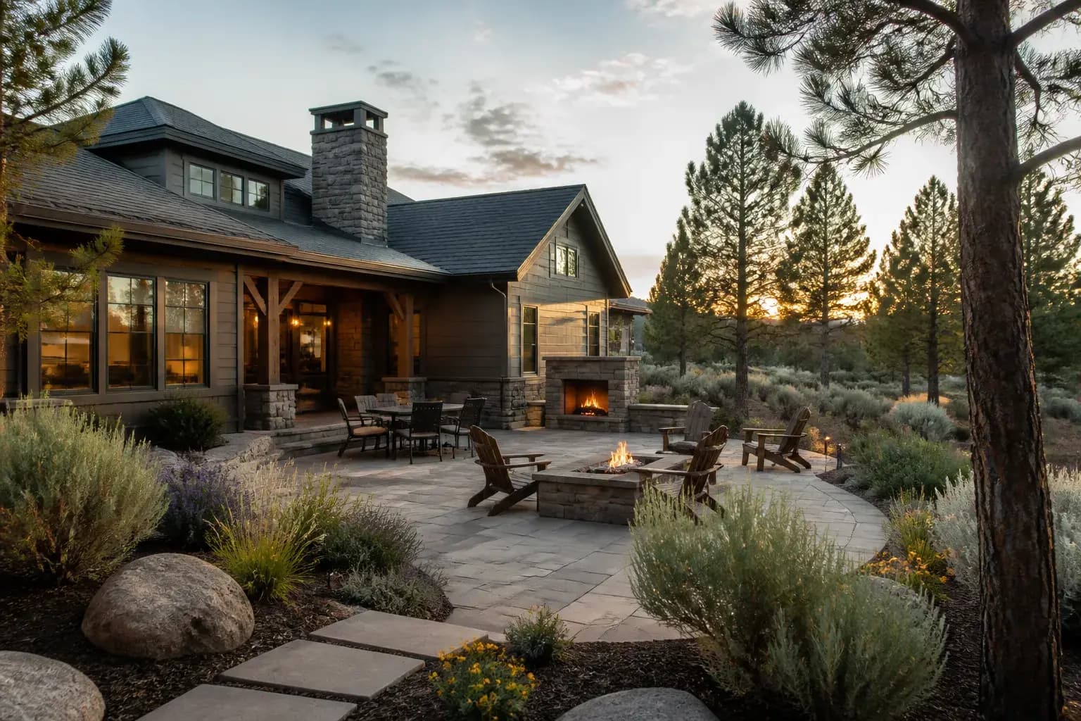 Finished Bend backyard with patio and native plantings