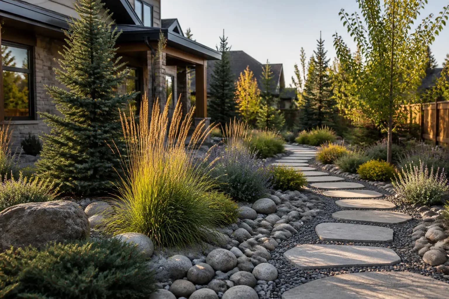 Finished landscape design with balanced plantings